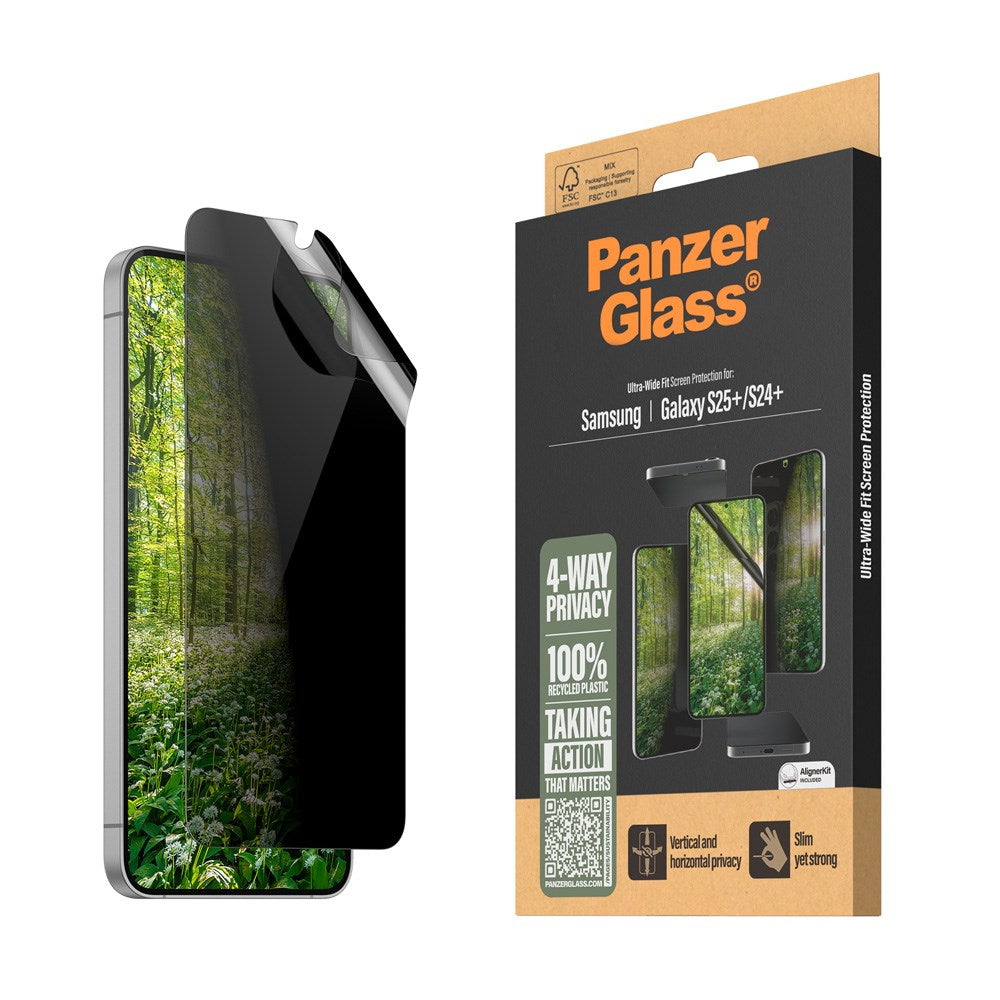 PanzerGlass Samsung Galaxy S25+ (Plus) Eco Matrix 4-Way Privacy Skærmbeskyttelse - Ultra Wide Fit - Alignerkit - Platinum Strength - Gennemsigtig