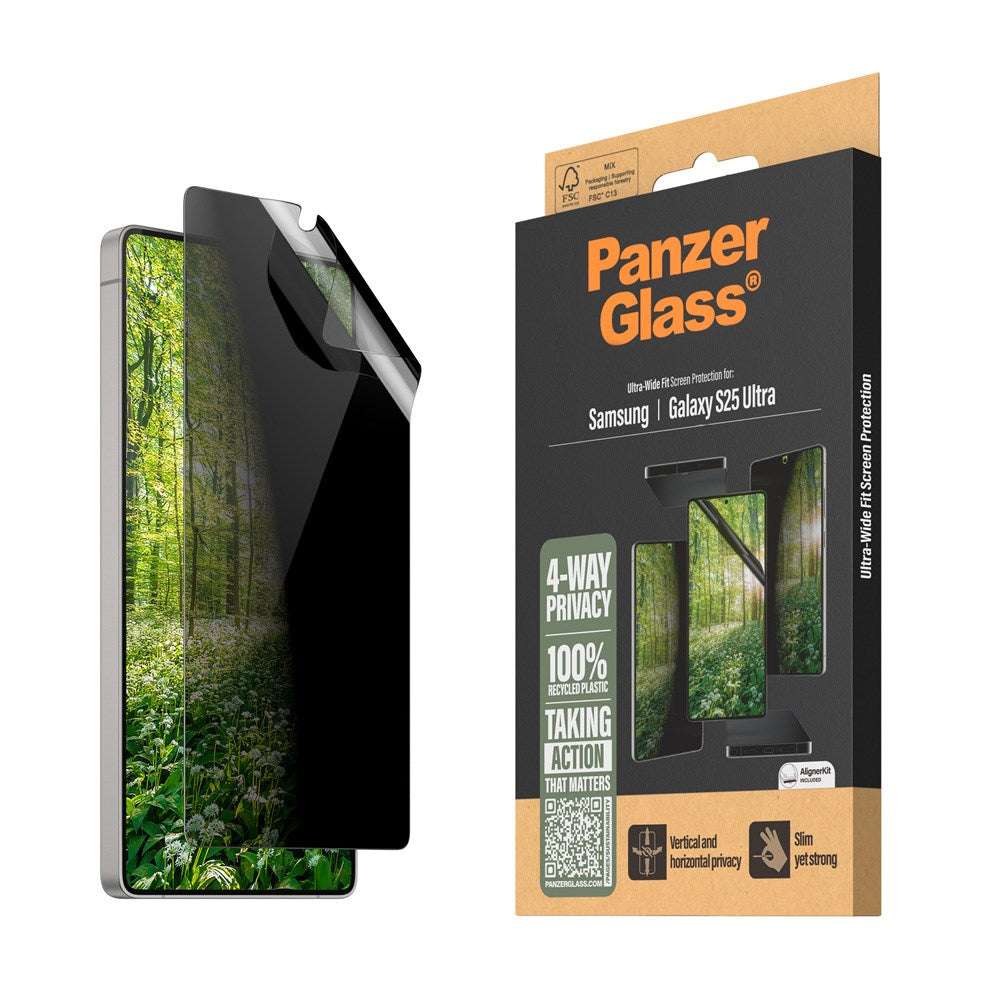 PanzerGlass Samsung Galaxy S25 Ultra Eco Matrix 4-Way Privacy Skærmbeskyttelse - Ultra Wide Fit - Alignerkit - Platinum Strength - Gennemsigtig