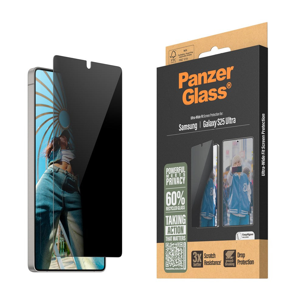 PanzerGlass - Samsung Galaxy S25 Ultra - Ultra-Wide Fit Skærmbeskyttelsesglas - Privacy Funktion - Gennemsigtig