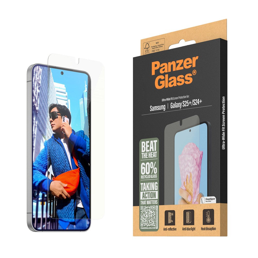 PanzerGlass Samsung Galaxy S25+ (Plus) All-in-One Skærmbeskyttelse Ultra Wide Fit - Anti-Reflective - Anti-Blue Light - Heat Dissaption - Gennemsigtig