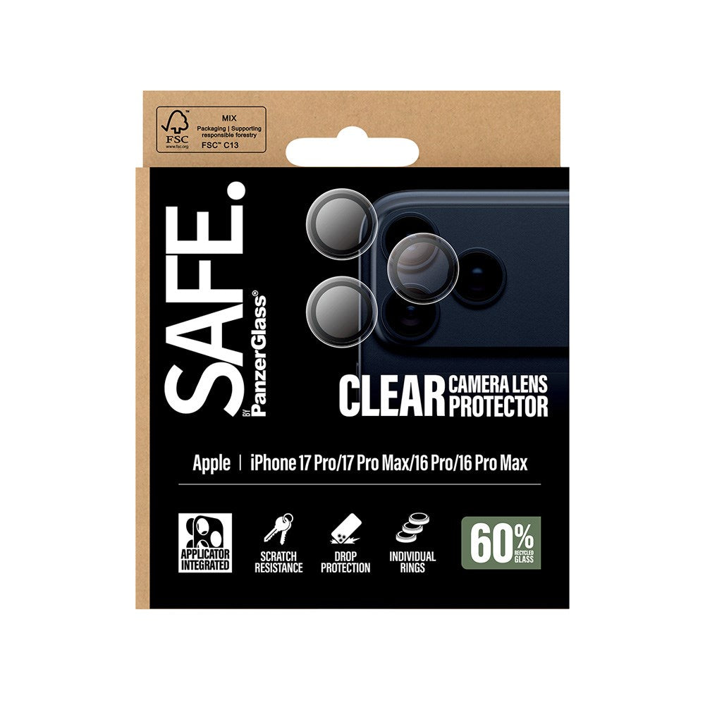 iPhone 17 Pro / 17 Pro Max / 16 Pro / 16 Pro Max Safe by PanzerGlass Kameralinsebeskyttelse - Hærdet Glas - Gennemsigtig / Sort
