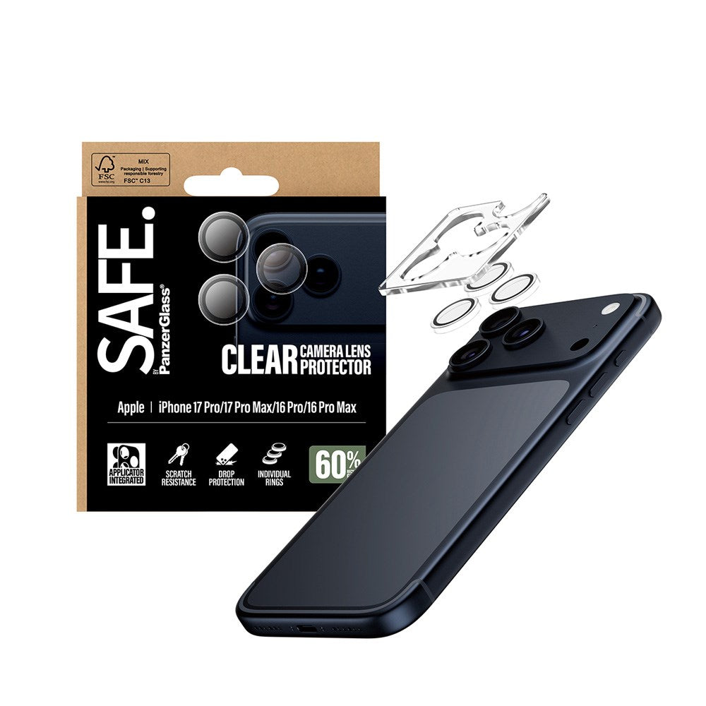 iPhone 17 Pro / 17 Pro Max / 16 Pro / 16 Pro Max Safe by PanzerGlass Kameralinsebeskyttelse - Hærdet Glas - Gennemsigtig / Sort