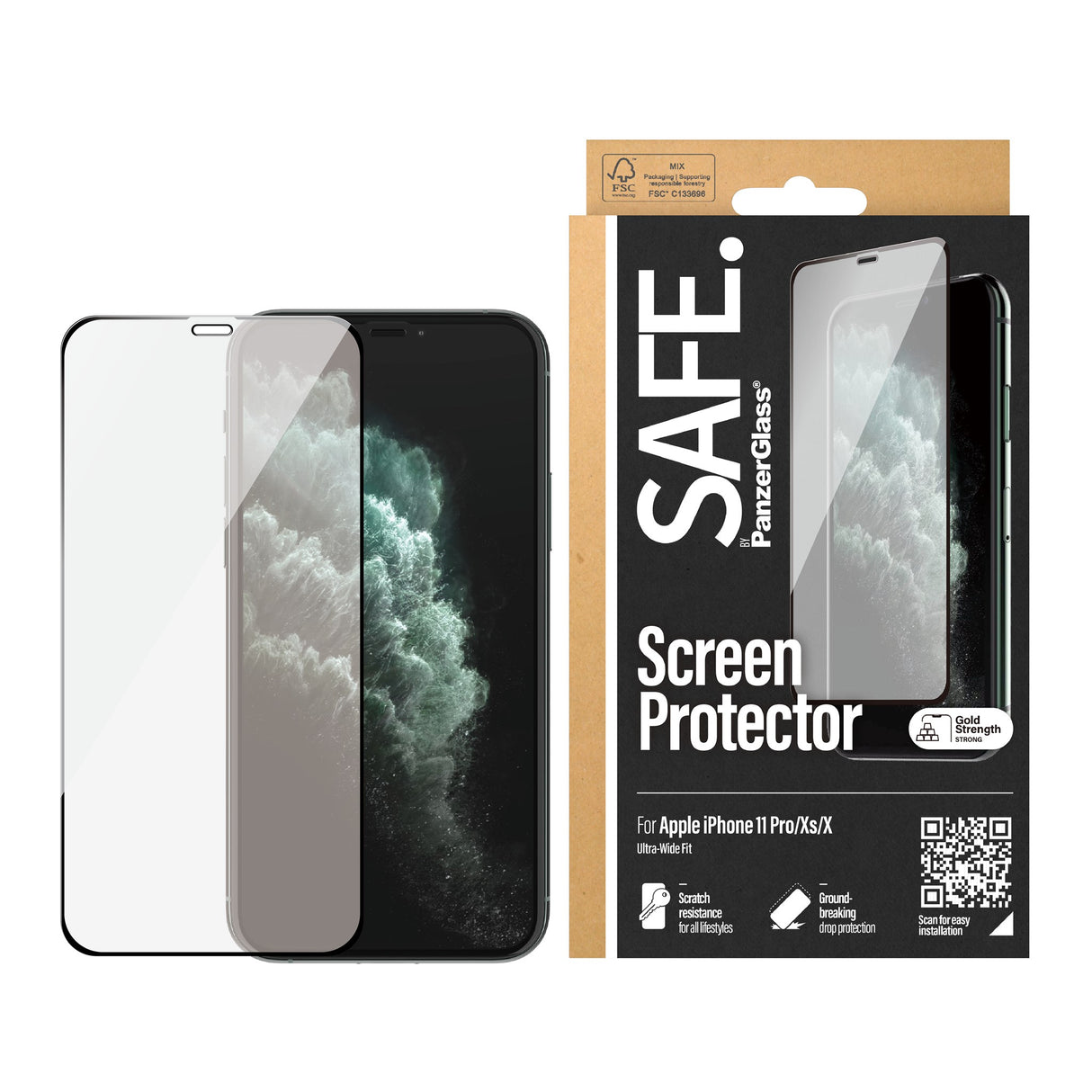 SAFE by PanzerGlass - Edge-to-Edge Fit Skærmbeskyttelse - iPhone X/XS/11 Pro - Gennemsigtig/Sort Kant