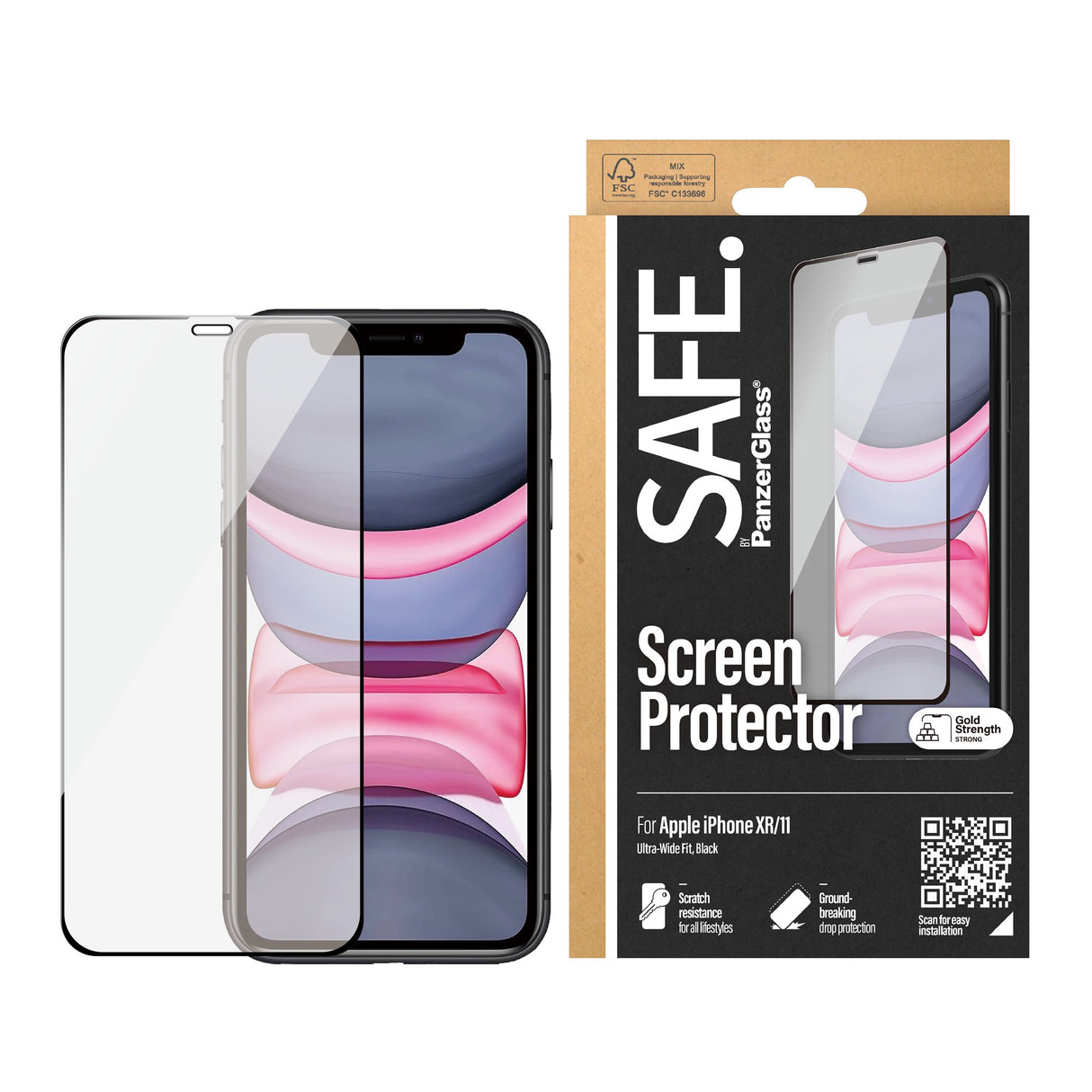 Safe By PanzerGlass® iPhone 11 / XR Edge-to-Edge Skærmbeskyttelse - Case Friendly - Gold Strength - Gennemsigtig / Sort Kant