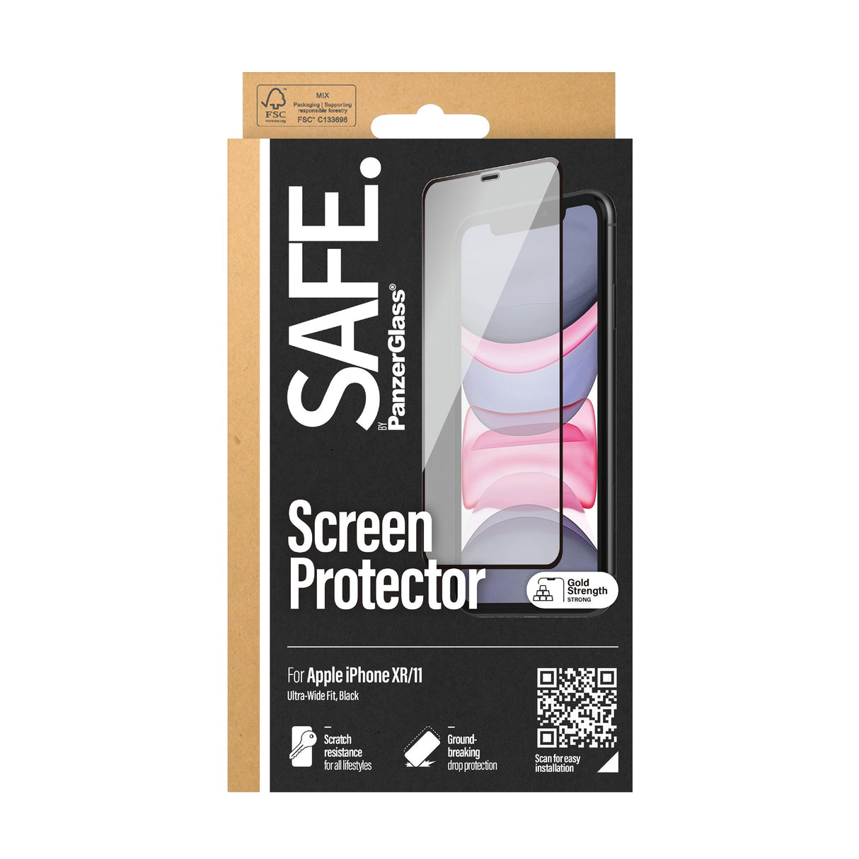 Safe By PanzerGlass® iPhone 11 / XR Edge-to-Edge Skærmbeskyttelse - Case Friendly - Gold Strength - Gennemsigtig / Sort Kant