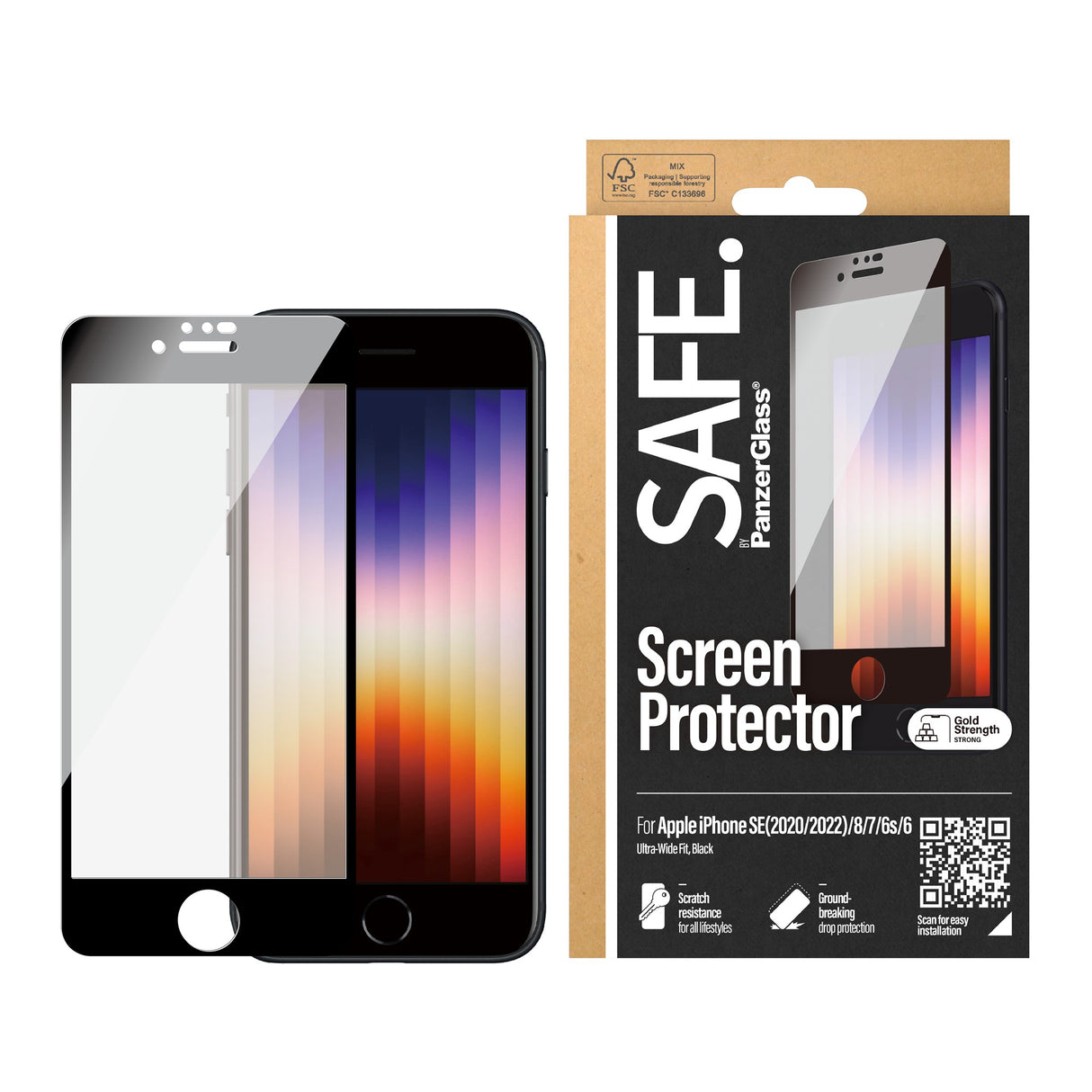 SAFE by PanzerGlass - Edge-to-Edge Fit Skærmbeskyttelse - iPhone 8/7/6/6s/SE (2020/2022) - Gennemsigtig/Sort Kant