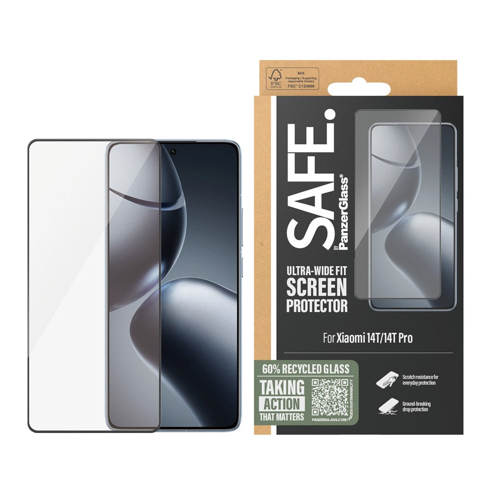 Safe By PanzerGlass® Xiaomi Redmi 14T / 14T Pro Ultra-Wide Fit Skærmbeskyttelsesglas - Case Friendly - Gold Strength - Gennemsigtig / Sort Kant