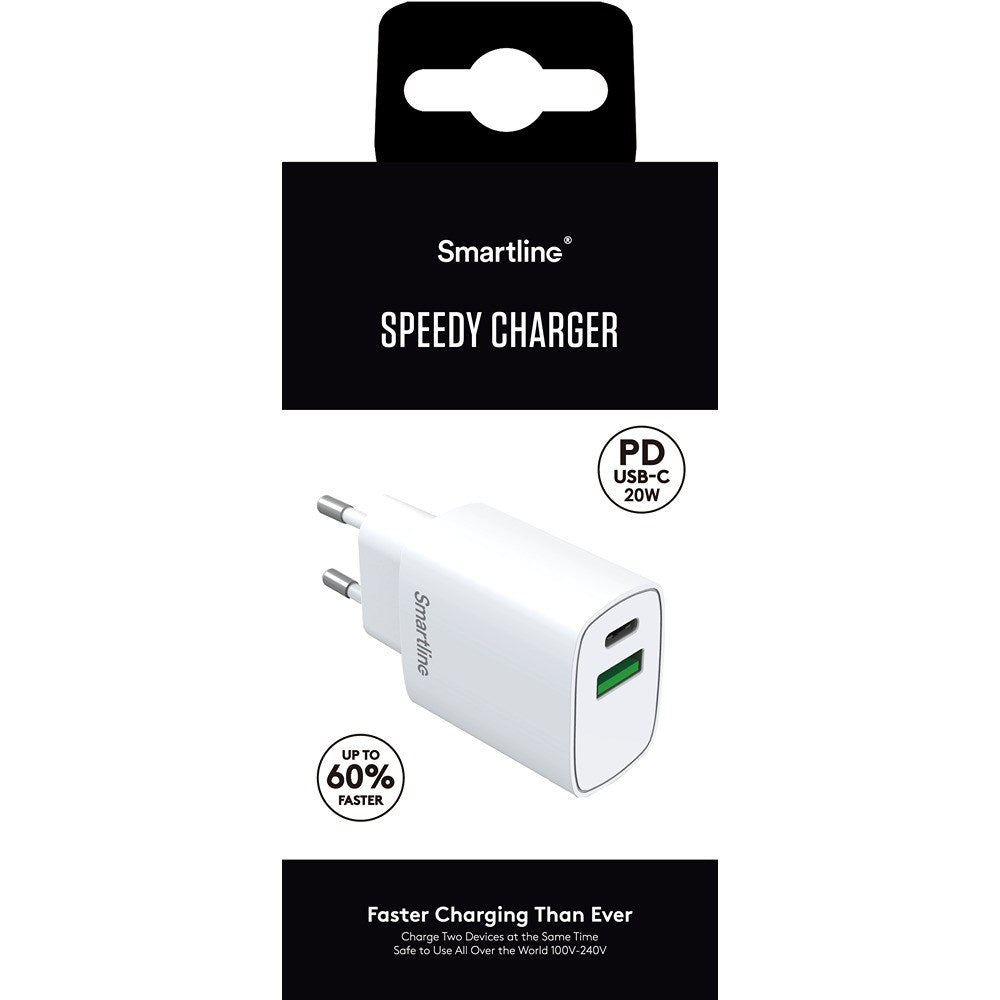 Smartline Vægoplader PD 20W m. 1 x USB-A & 1 x USB-C - Hvid