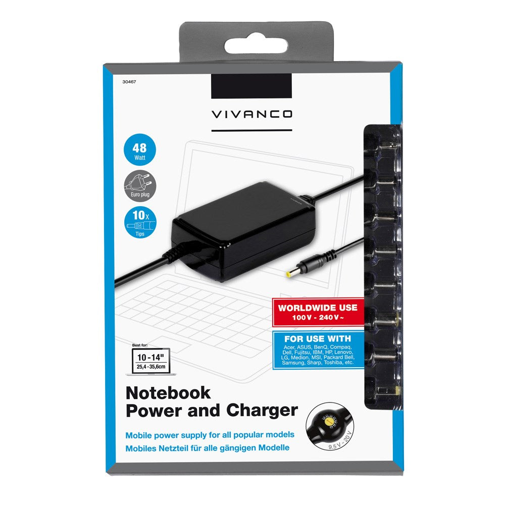 Vivanco Laptop Oplader 45W - inkl. 10 x Adaptere - Sort